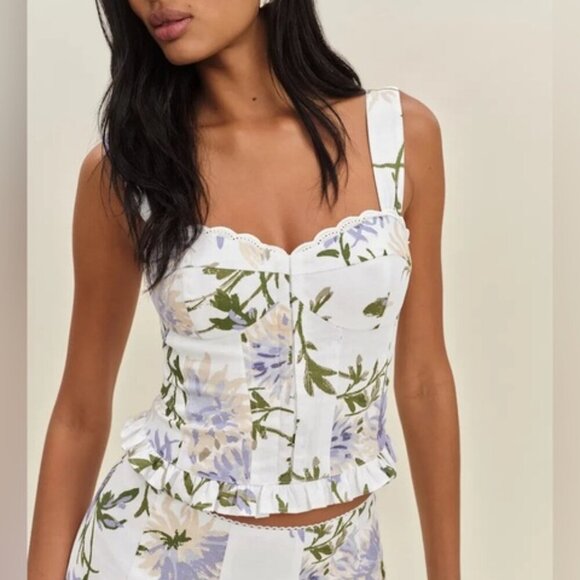 NEW Reformation Anatolia Linen Corset Two Piece Serenity White Floral US 2 UK 6 - Picture 3 of 16